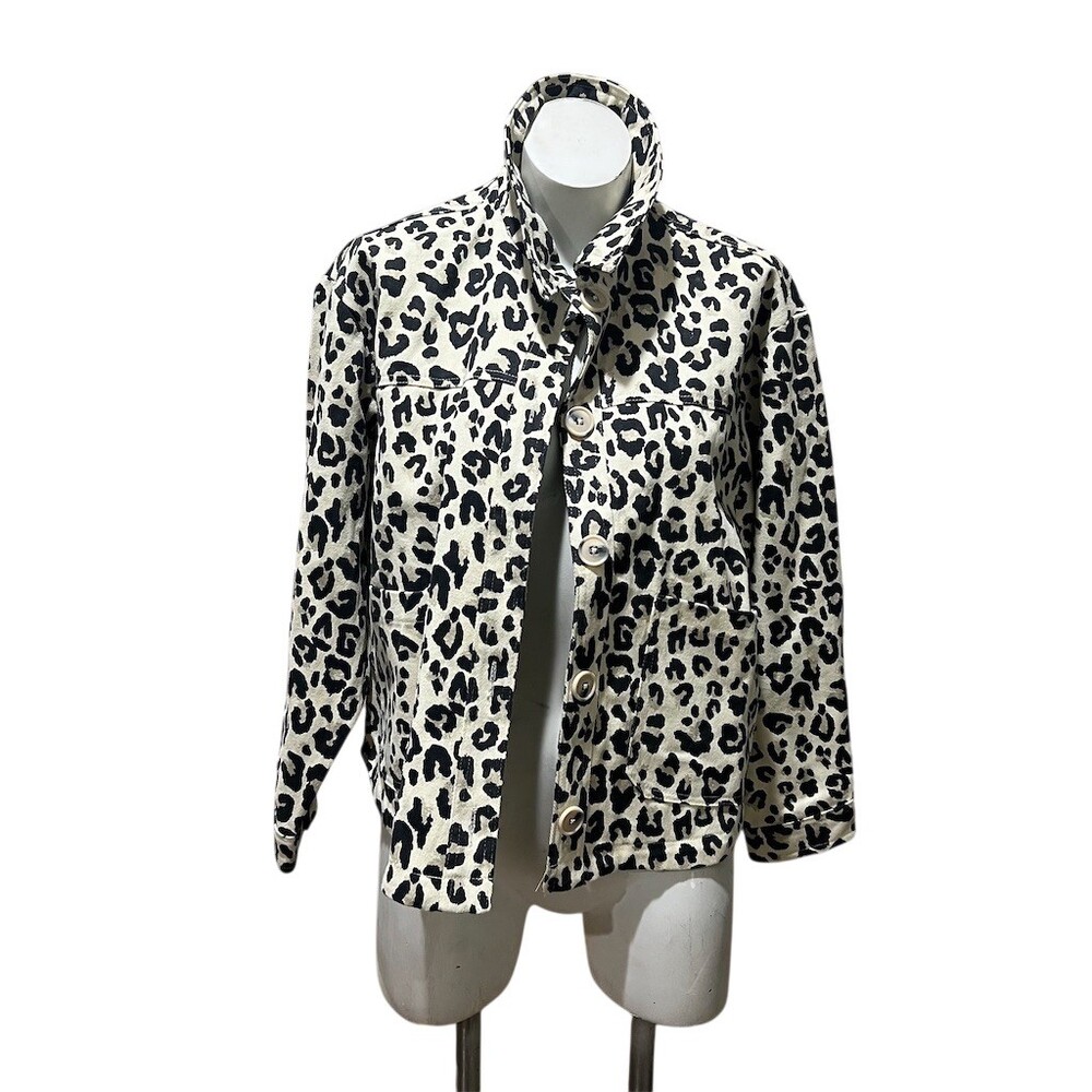 Sinsay Jacket Womens Size XL Black Leopard Print Button Front Patch Pockets